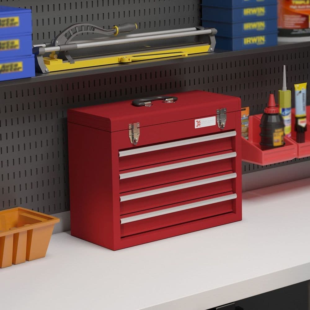 image-DURHAND Lockable 4 Drawer Tool Chest with Ball Bearing Slide Drawers Red