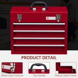 image-DURHAND Lockable 4 Drawer Tool Chest with Ball Bearing Slide Drawers Red