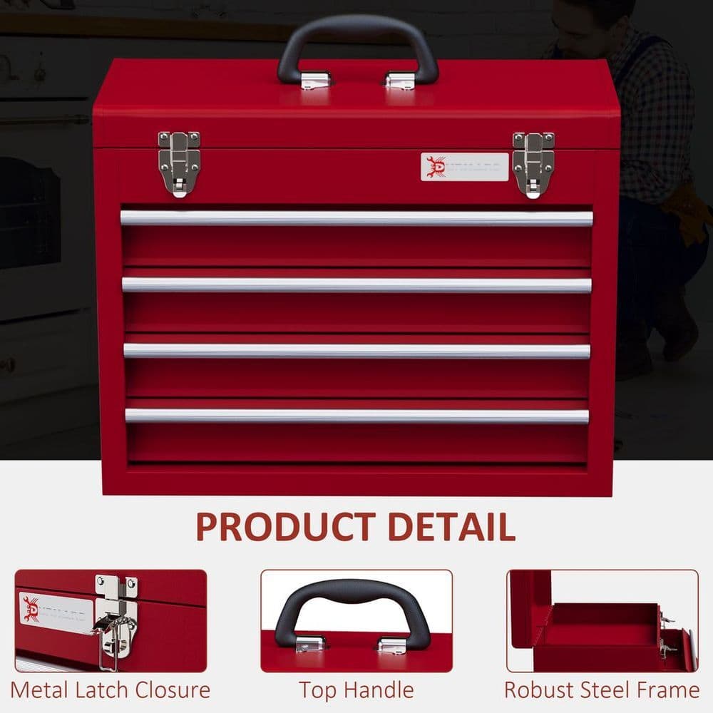 image-DURHAND Lockable 4 Drawer Tool Chest with Ball Bearing Slide Drawers Red