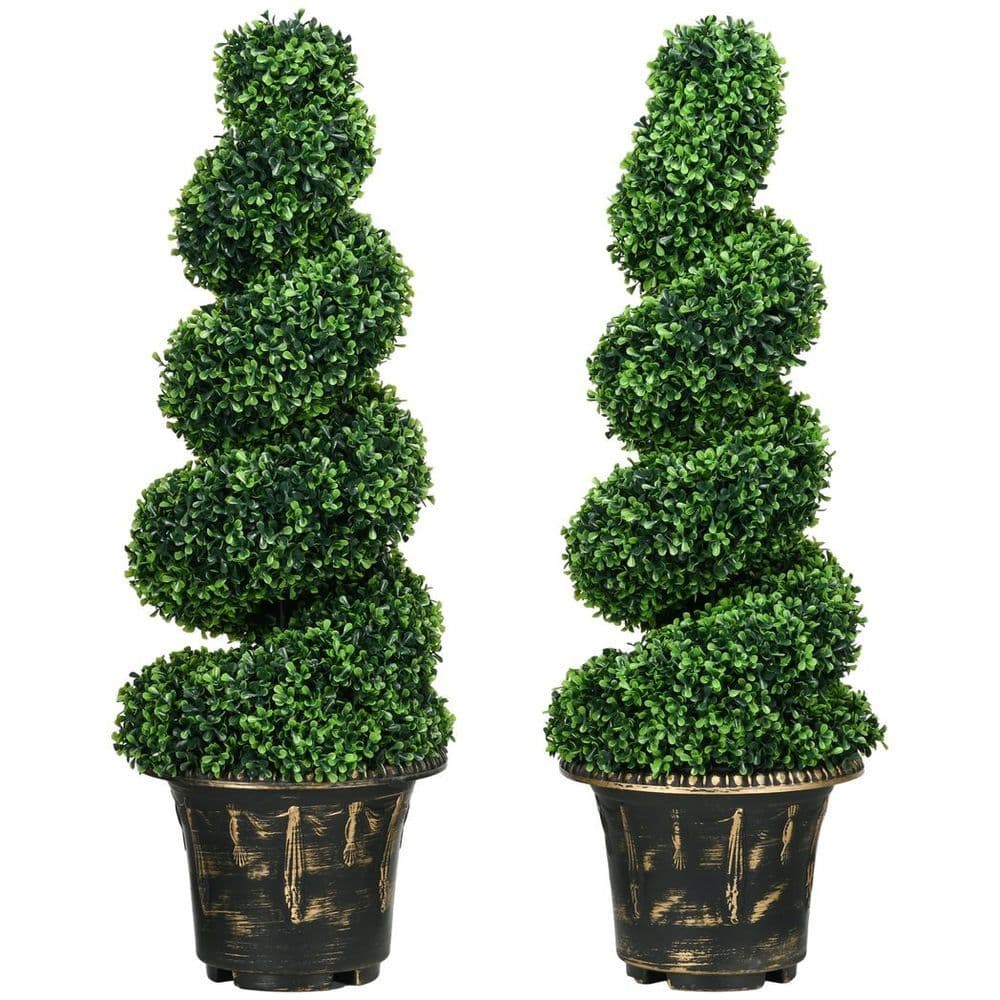 image-HOMCOM Set of 2 Potted Artificial Plants, Topiary Spiral Boxwood Trees, 90cm