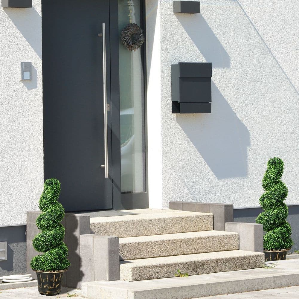 image-HOMCOM Set of 2 Potted Artificial Plants, Topiary Spiral Boxwood Trees, 90cm