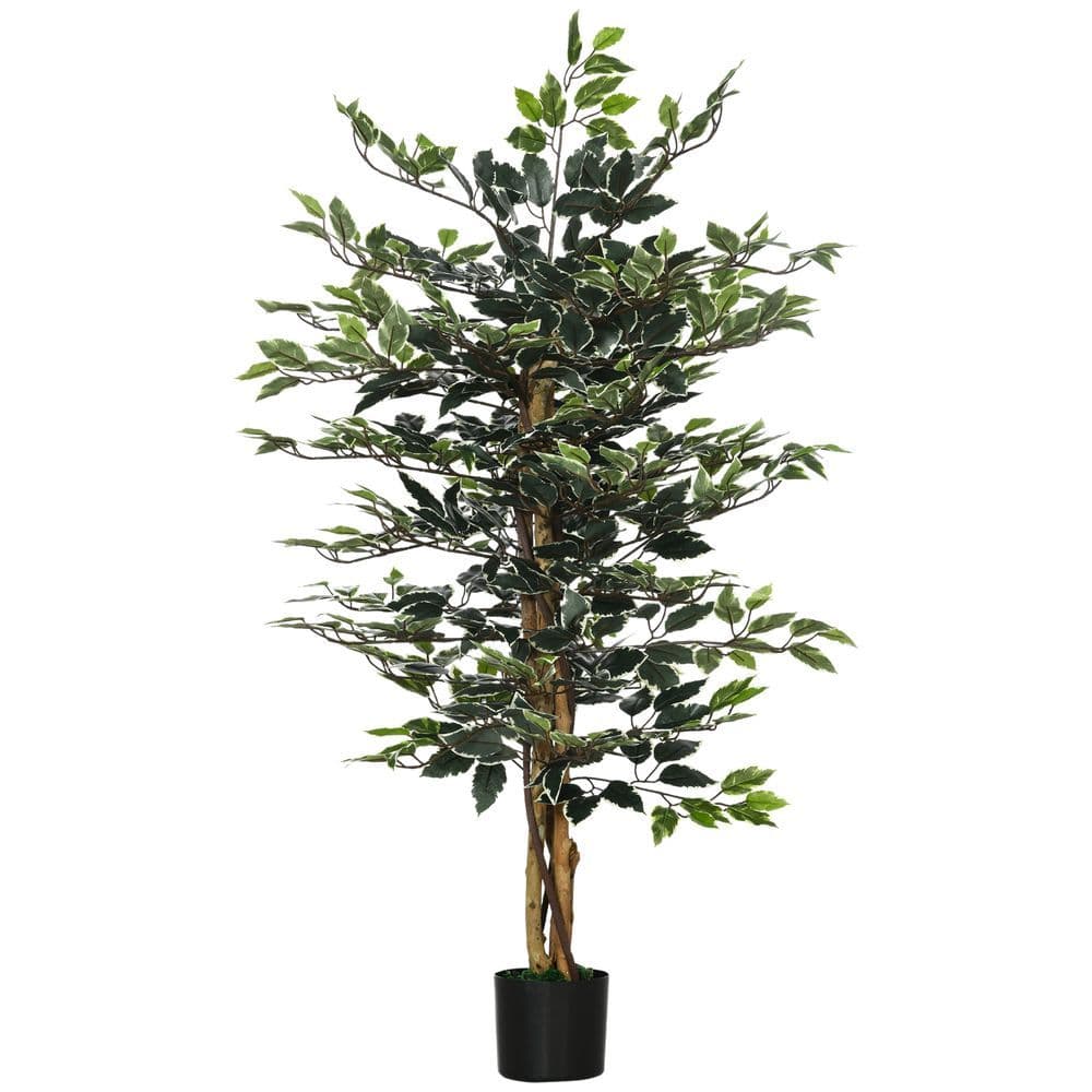 image-HOMCOM Artificial Ficus Tree with Lifelike Leaves and Natural Trunks Green