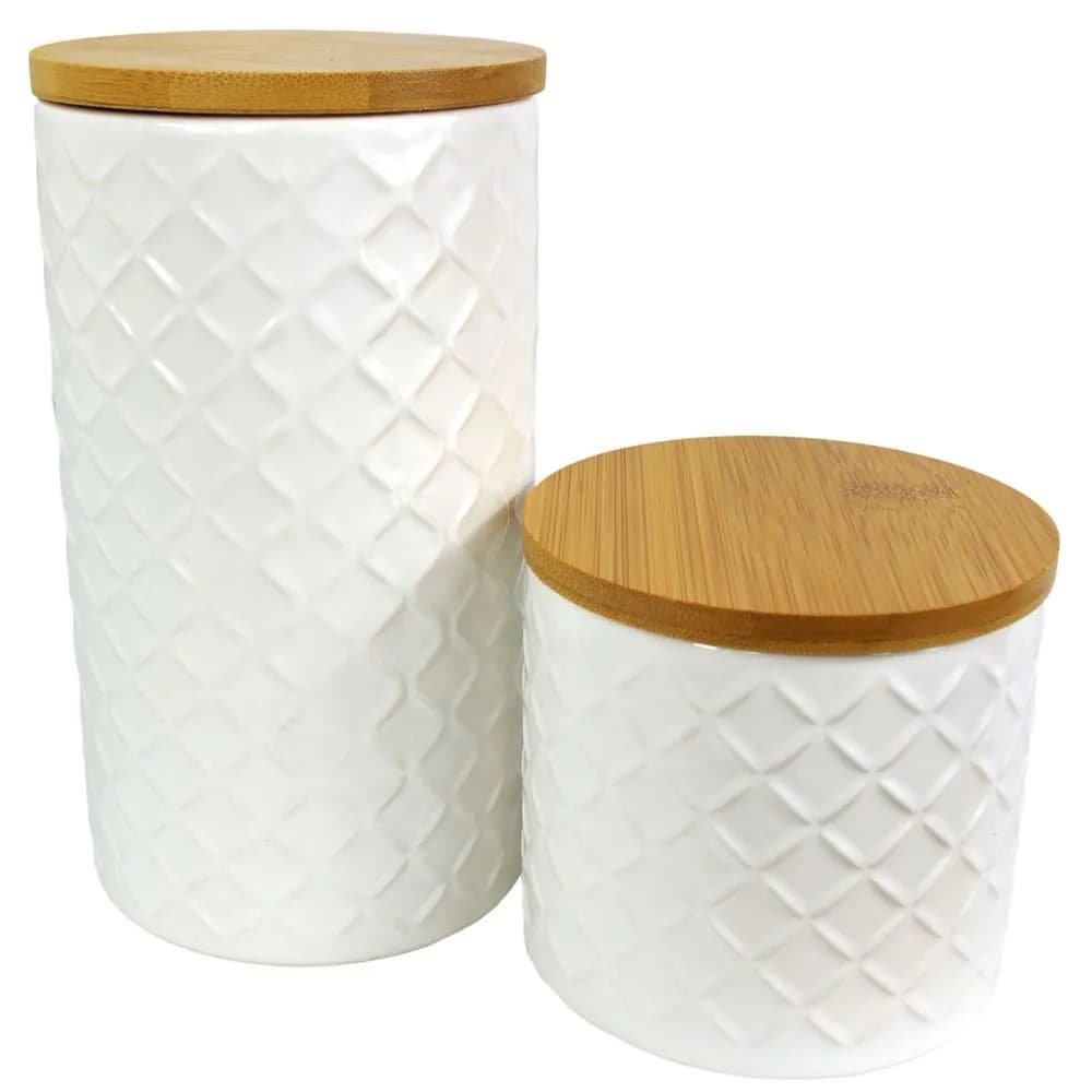 image-Set of Two Ceramic Jars Embossed Cream Canisters with Lids
