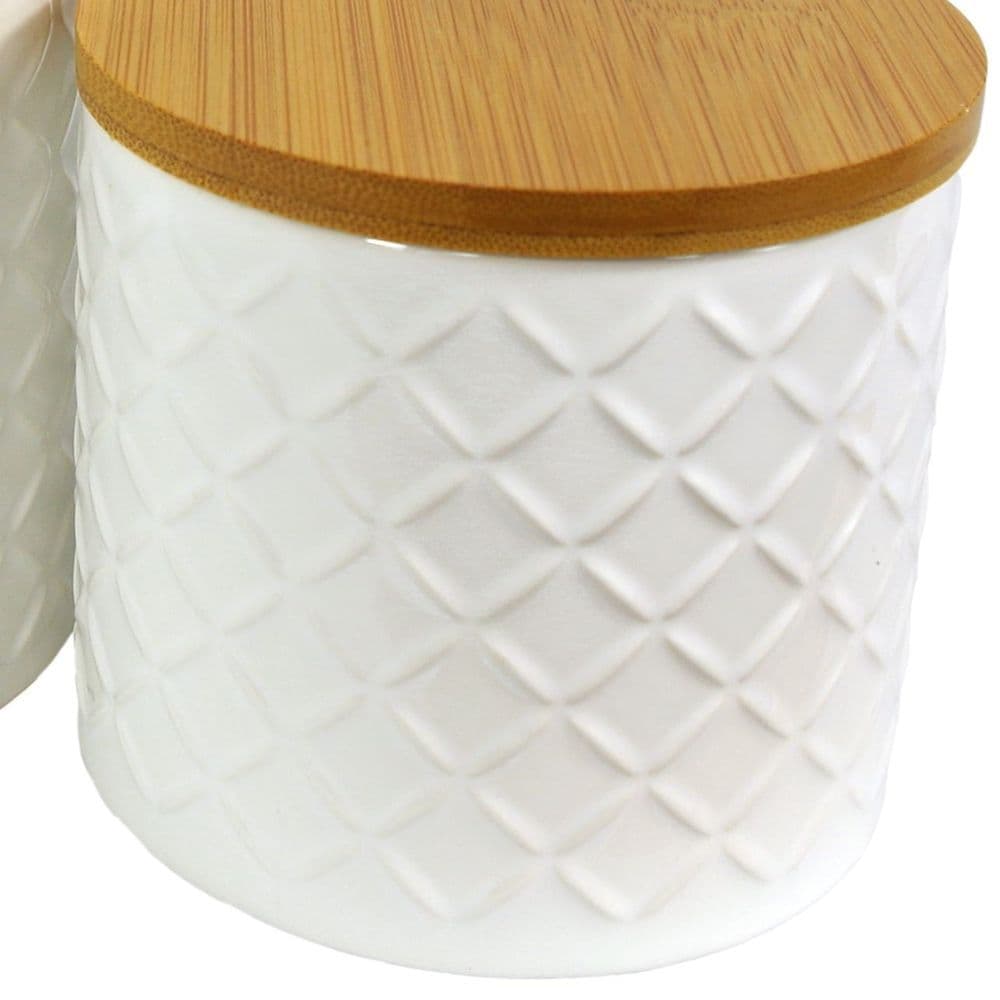 image-Set of Two Ceramic Jars Embossed Cream Canisters with Lids
