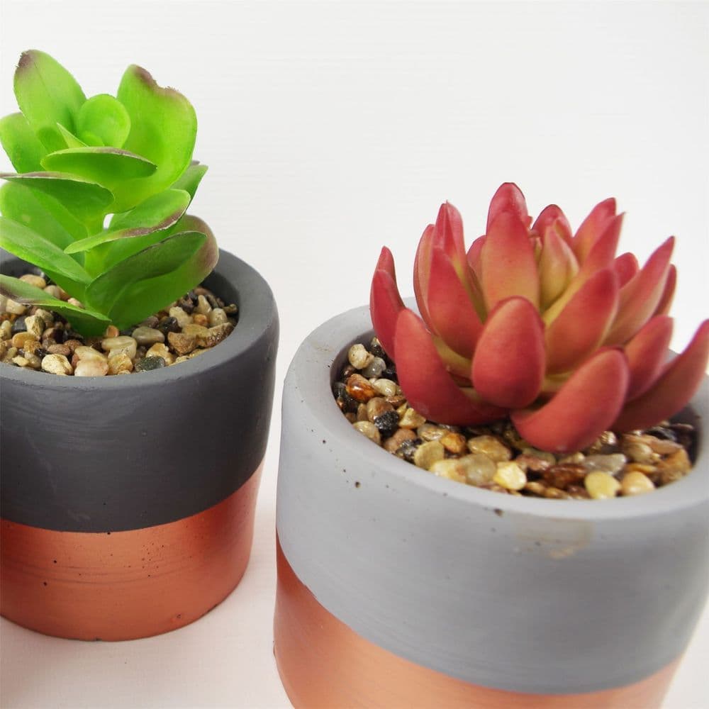 image-14cm Set of Three Stoneware Mini Copper Band Planters with Artificial Succulent Plants