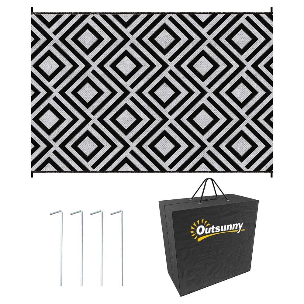 image-Outsunny Reversible Waterproof Outdoor Rug with Carry Bag, 182 x 274 cm, Black