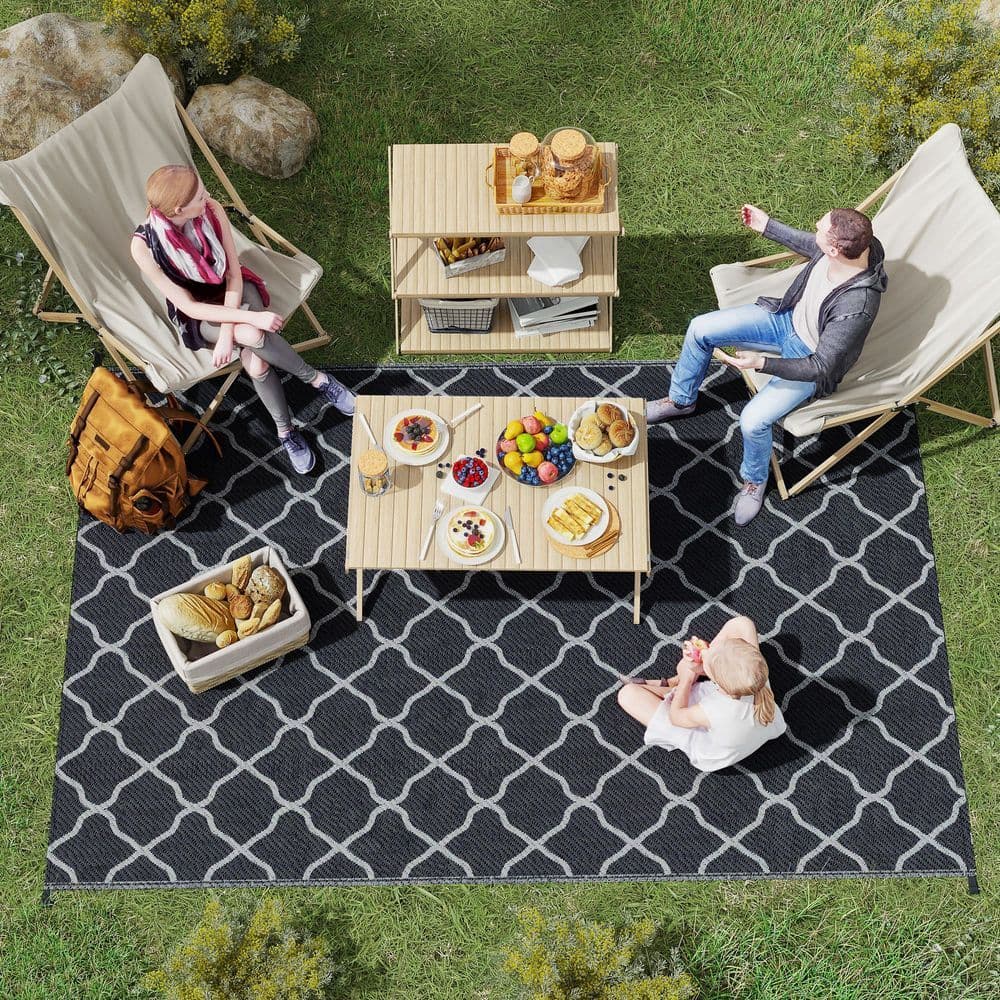 image-Outsunny Reversible Waterproof Outdoor Rug with Carry Bag, 182 x 274 cm, Black