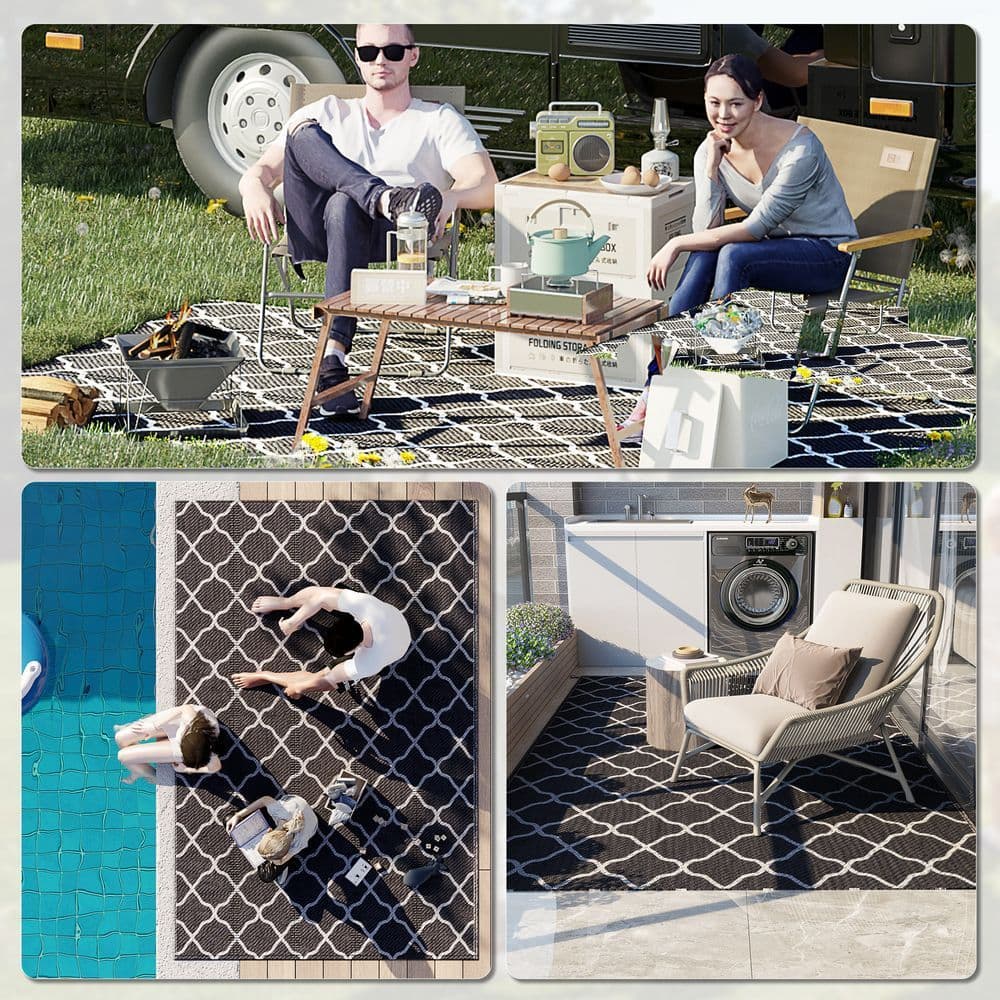 image-Outsunny Reversible Waterproof Outdoor Rug with Carry Bag, 182 x 274 cm, Black
