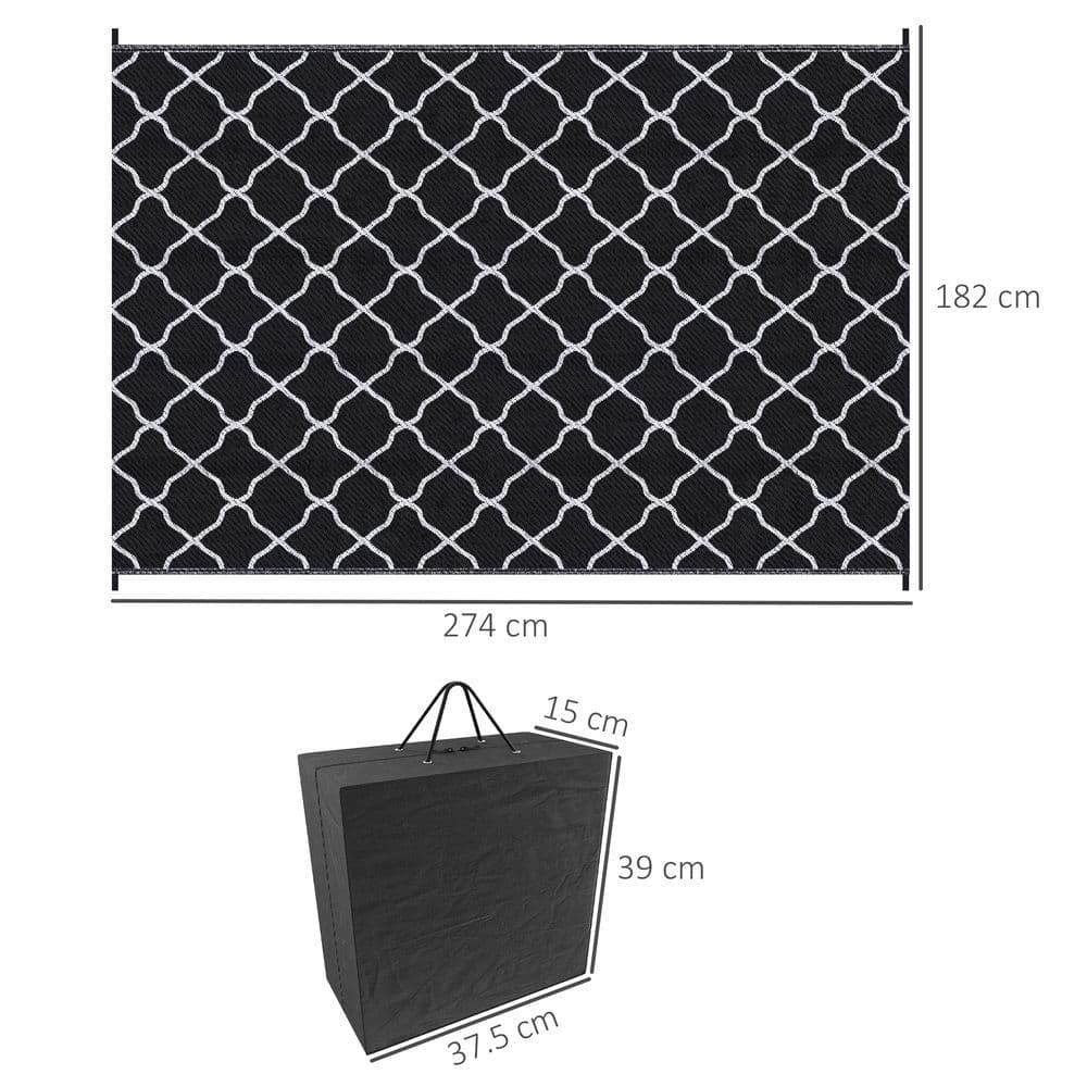 image-Outsunny Reversible Waterproof Outdoor Rug with Carry Bag, 182 x 274 cm, Black