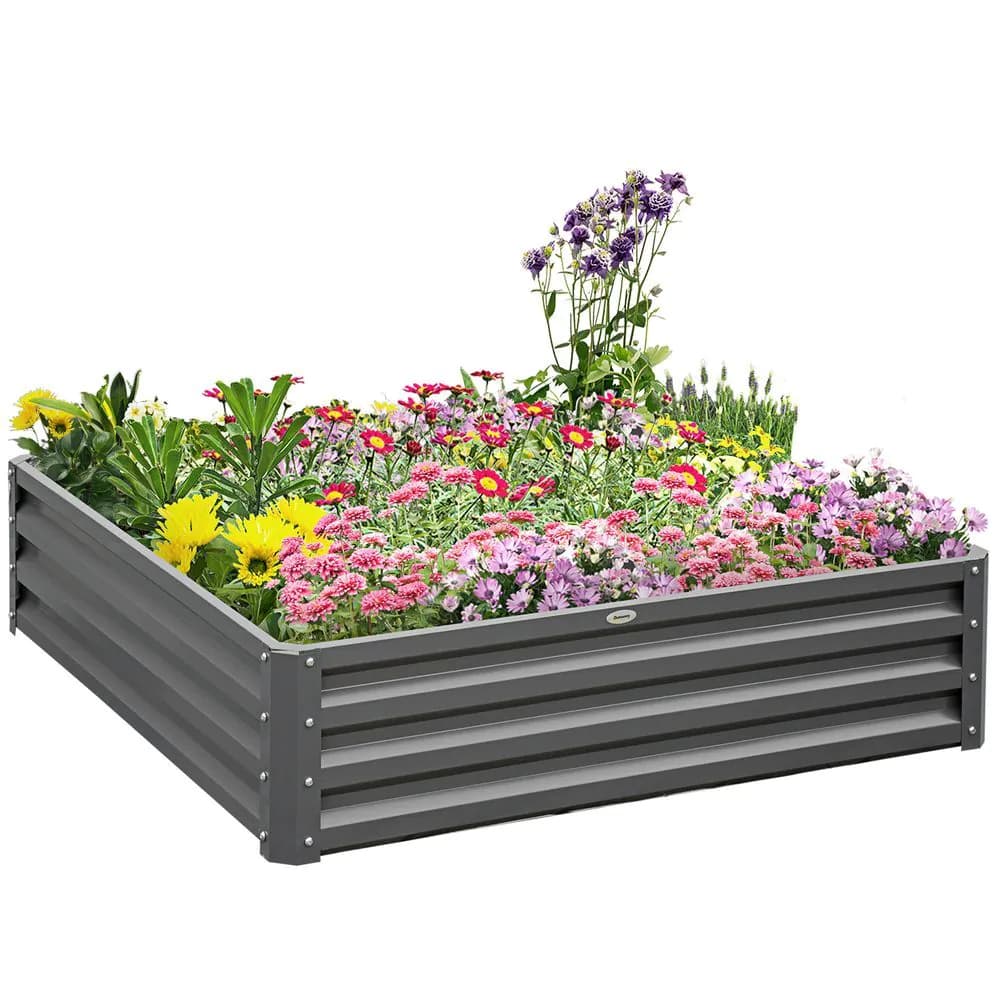 image-Outsunny Raised Garden Bed Metal Garden Flower Vegetable Planter Light Grey