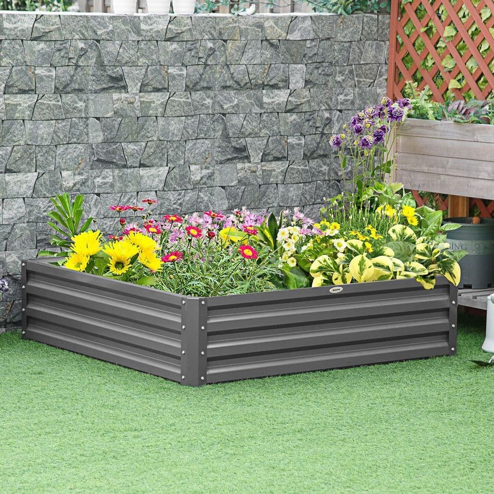 image-Outsunny Raised Garden Bed Metal Garden Flower Vegetable Planter Light Grey