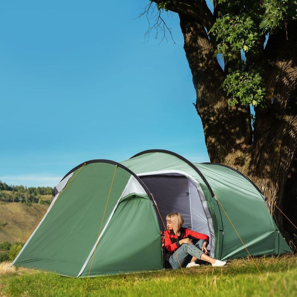 image-Outsunny 3 Man Camping Tent with Porch and Weather-Resistant Rainfly, Green