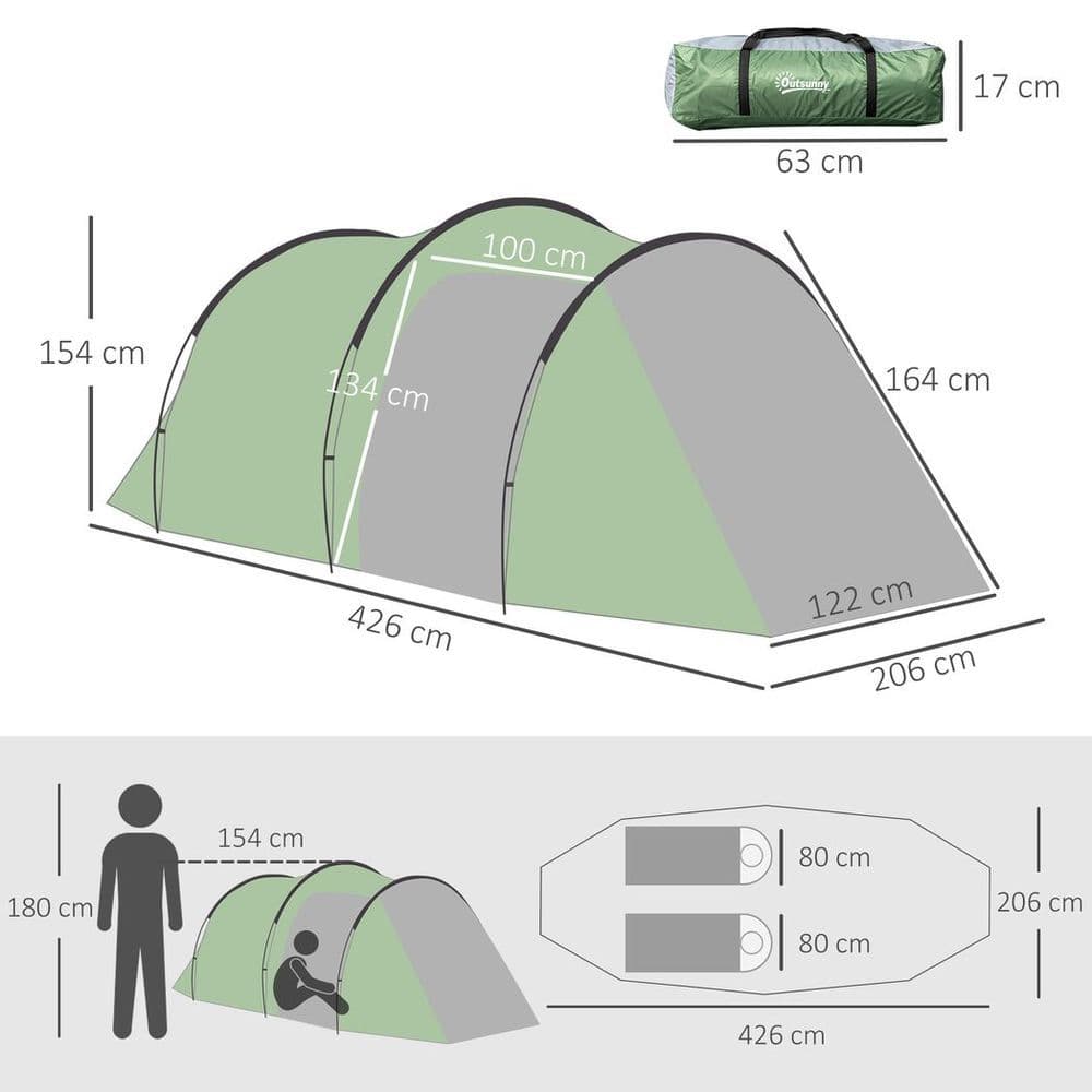 image-Outsunny 3 Man Camping Tent with Porch and Weather-Resistant Rainfly, Green