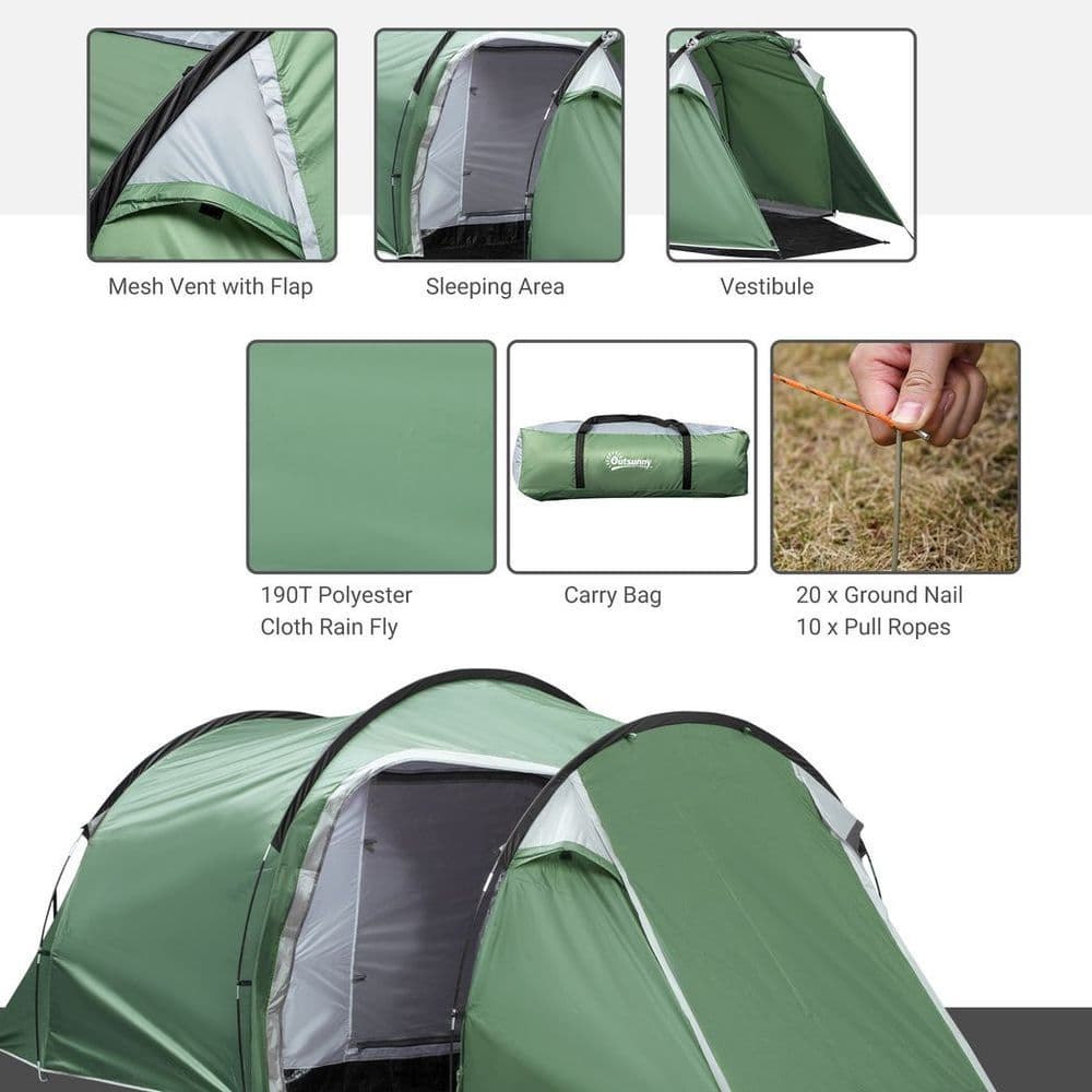 image-Outsunny 3 Man Camping Tent with Porch and Weather-Resistant Rainfly, Green