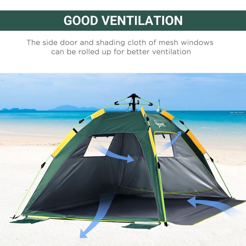 image-Outsunny 2 Man Pop-up Beach Tent Sun Shade Shelter Hut w/ Windows Door Green
