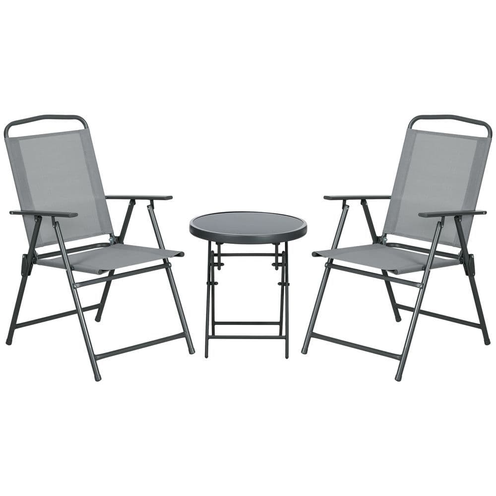 image-Outsunny Patio Bistro Set Folding Chairs & Coffee Table for Balcony,Grey