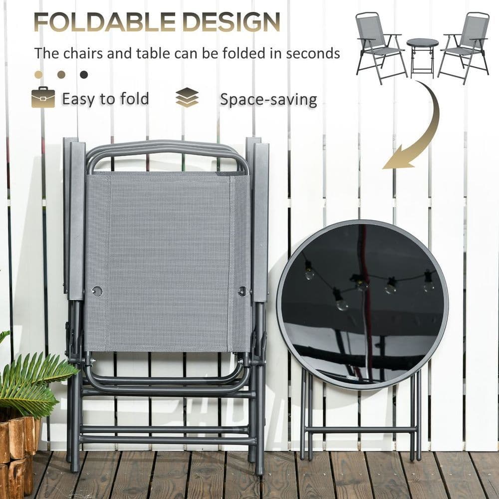 image-Outsunny Patio Bistro Set Folding Chairs & Coffee Table for Balcony,Grey