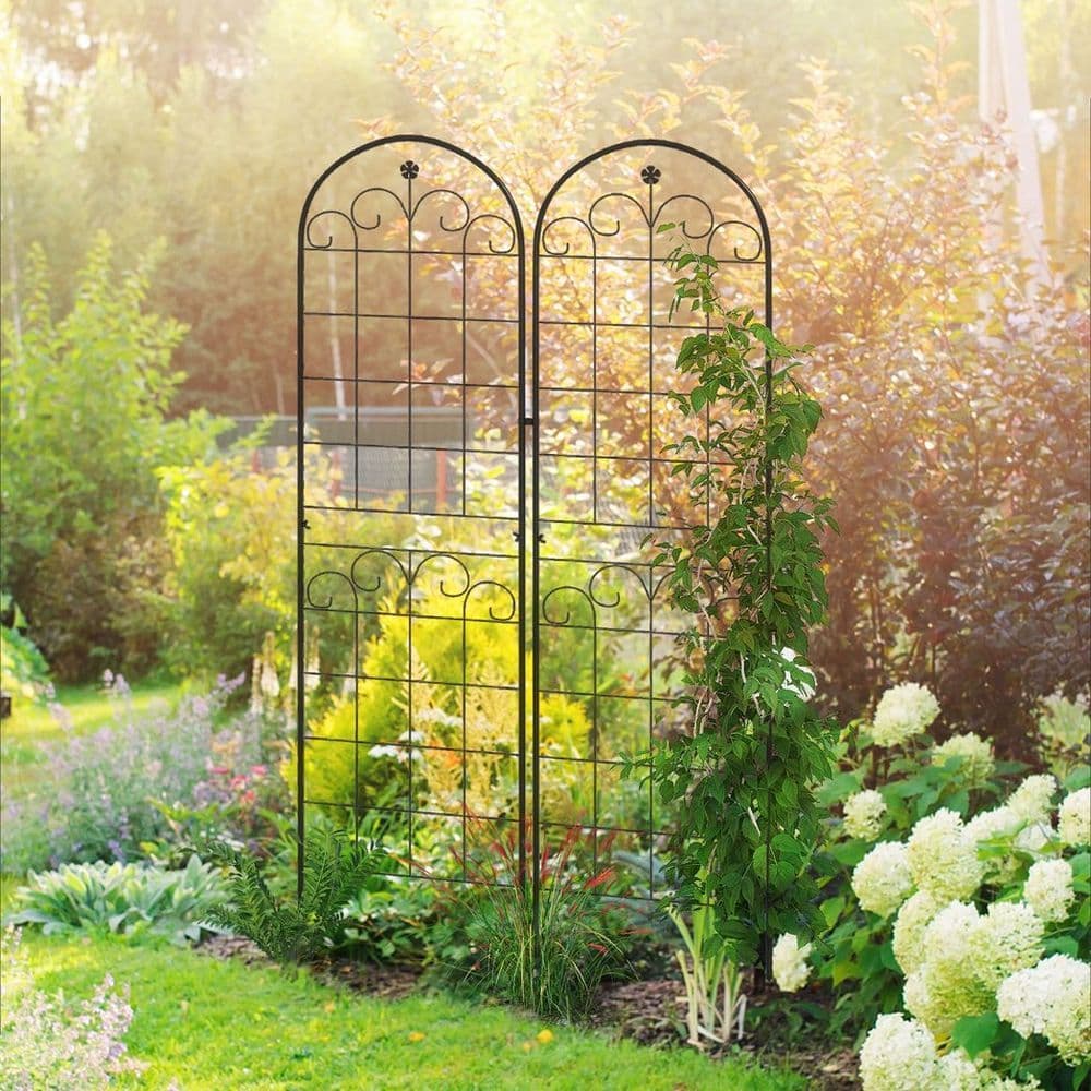 image-Outsunny Set of 2 Metal Trellis for Climbing Plants, Floral Design