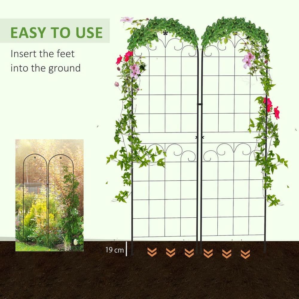 image-Outsunny Set of 2 Metal Trellis for Climbing Plants, Floral Design