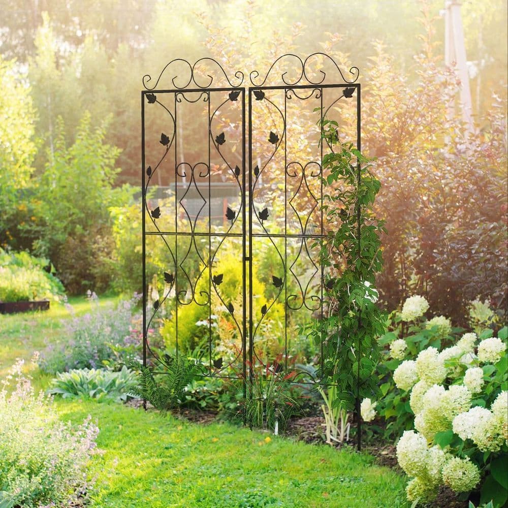 image-Outsunny Set of 2 Metal Trellis for Climbing Plants, Leaf Design
