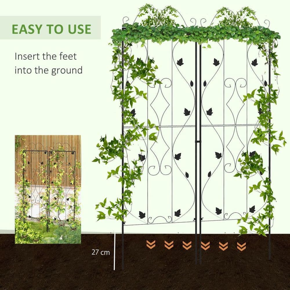 image-Outsunny Set of 2 Metal Trellis for Climbing Plants, Leaf Design