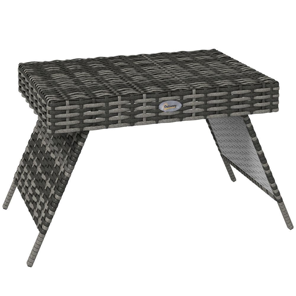 image-Outsunny Foldable Outdoor Coffee Table, Metal Frame Rattan Side Table, Grey