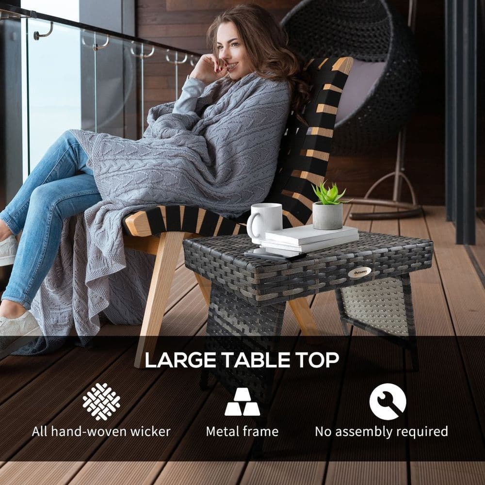 image-Outsunny Foldable Outdoor Coffee Table, Metal Frame Rattan Side Table, Grey