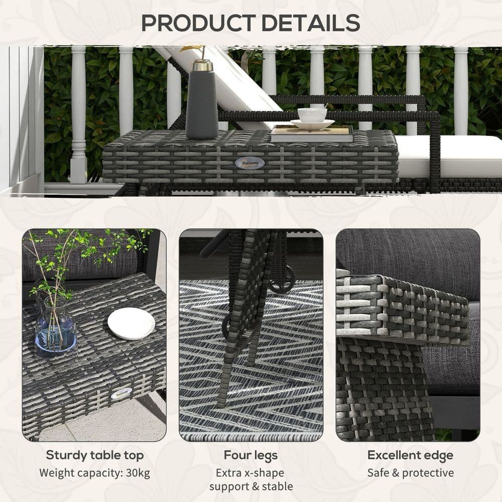 image-Outsunny Foldable Outdoor Coffee Table, Metal Frame Rattan Side Table, Grey