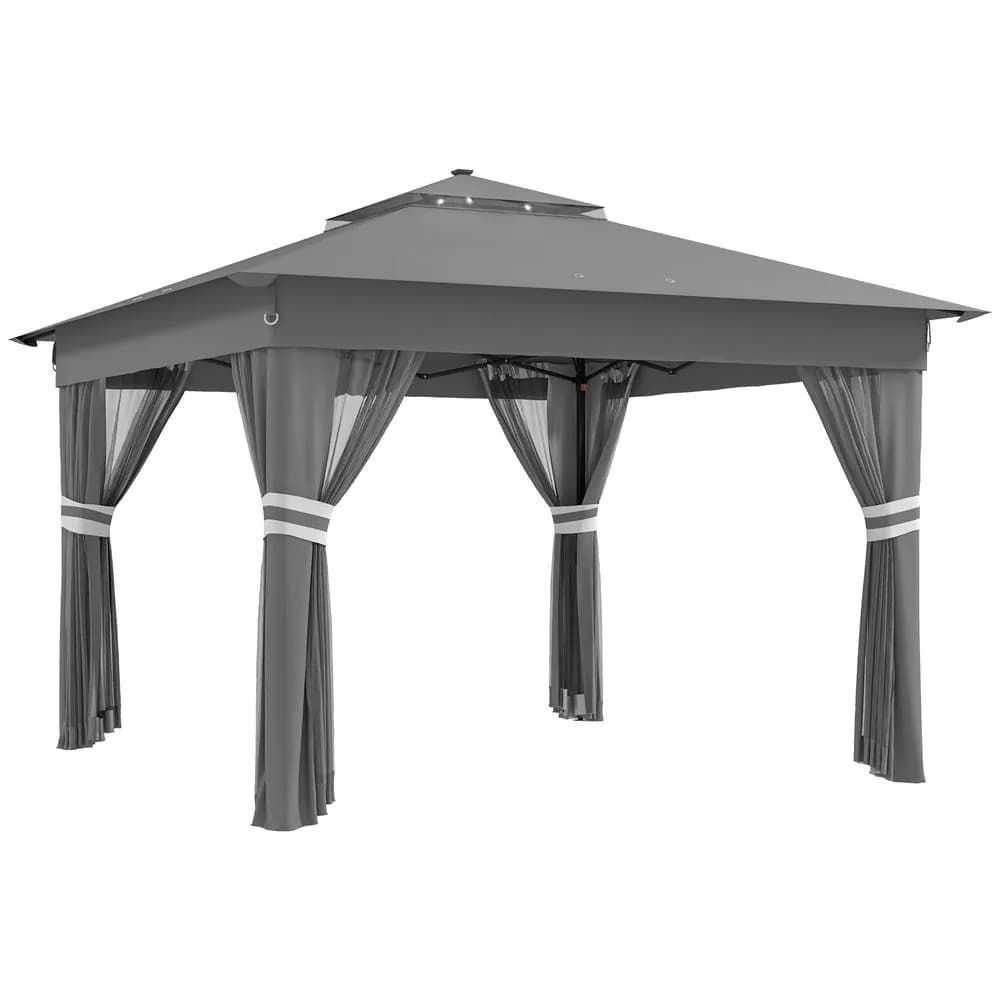 image-Outsunny 3x3(m) Pop Up Gazebo w/ Solar-Powered LED Lights Curtain Netting Grey
