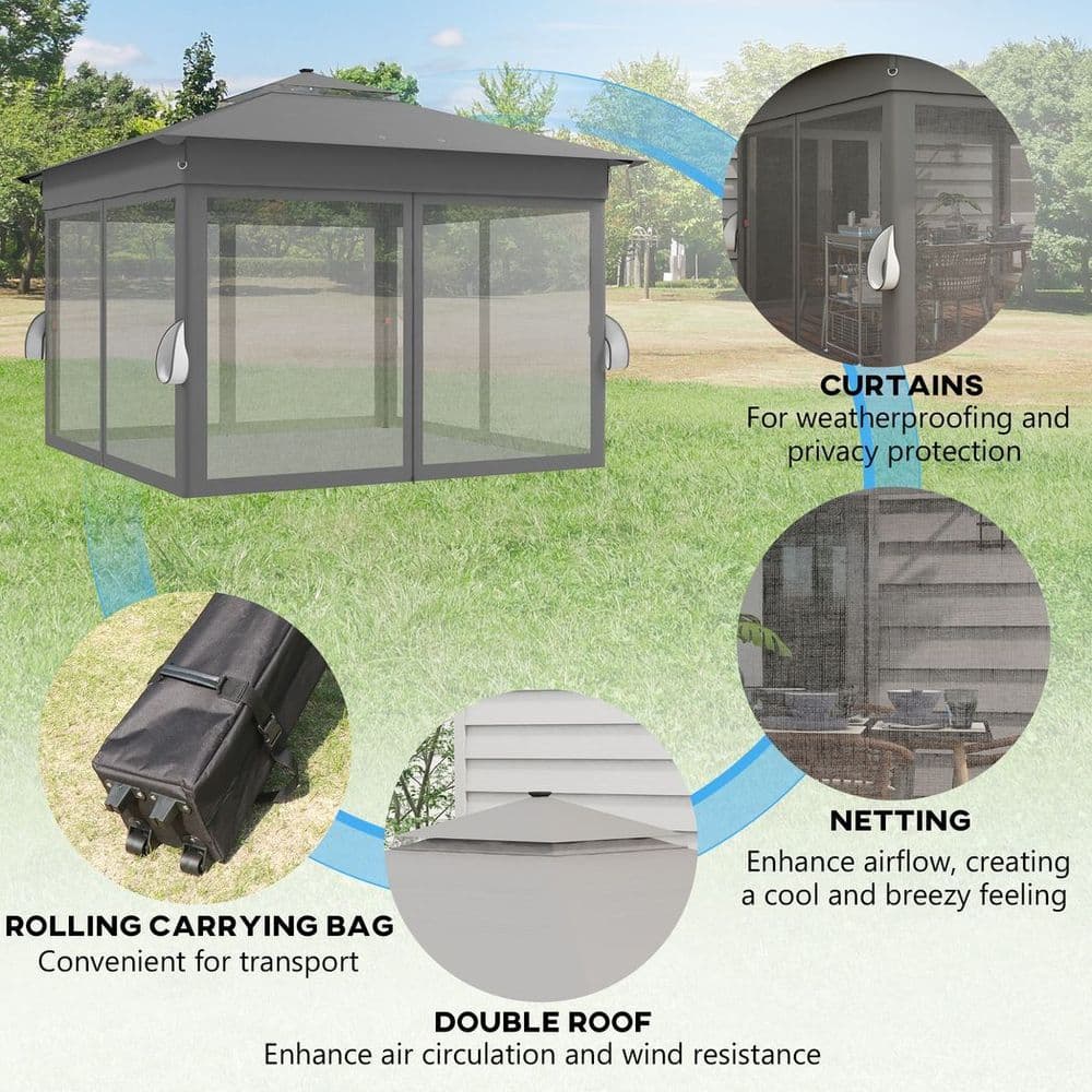image-Outsunny 3x3(m) Pop Up Gazebo w/ Solar-Powered LED Lights Curtain Netting Grey