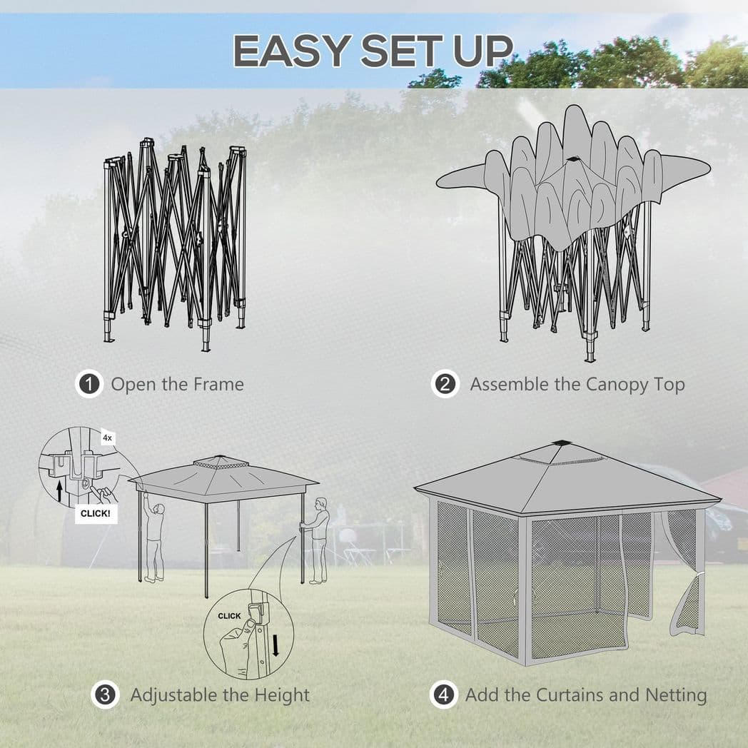 image-Outsunny 3x3(m) Pop Up Gazebo w/ Solar-Powered LED Lights Curtain Netting Grey