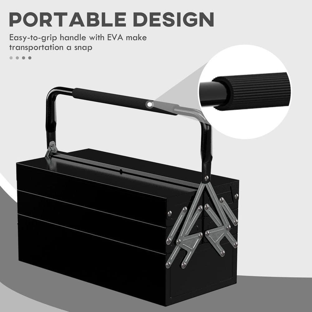 image-DURHAND 3 Tier Metal Toolbox with 5 Tray Carry Handle 45cmx22.5cmx34.5cm Black