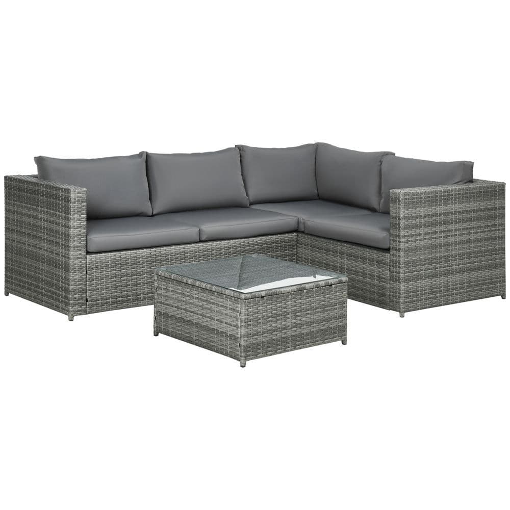 image-Outsunny 3Pcs Rattan Corner Sofa Set Coffee Table Garden Furniture w/ Cushion