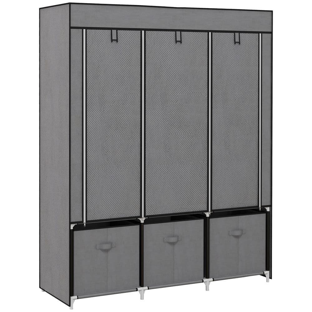 image-HOMCOM Portable Wardrobe w/ 5 Shelves 3 Fabric Drawers and 2 Hanging Rails Grey