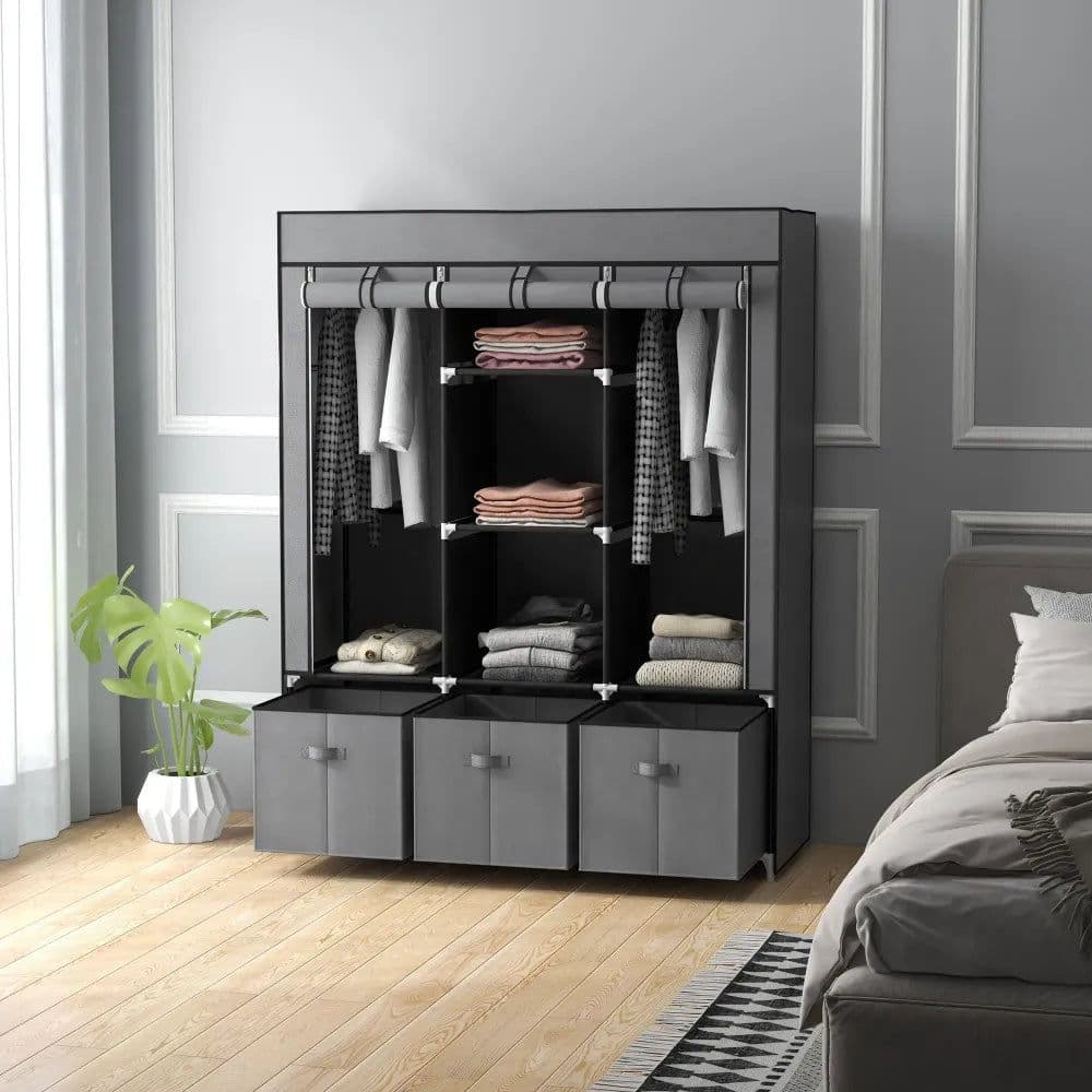 image-HOMCOM Portable Wardrobe w/ 5 Shelves 3 Fabric Drawers and 2 Hanging Rails Grey