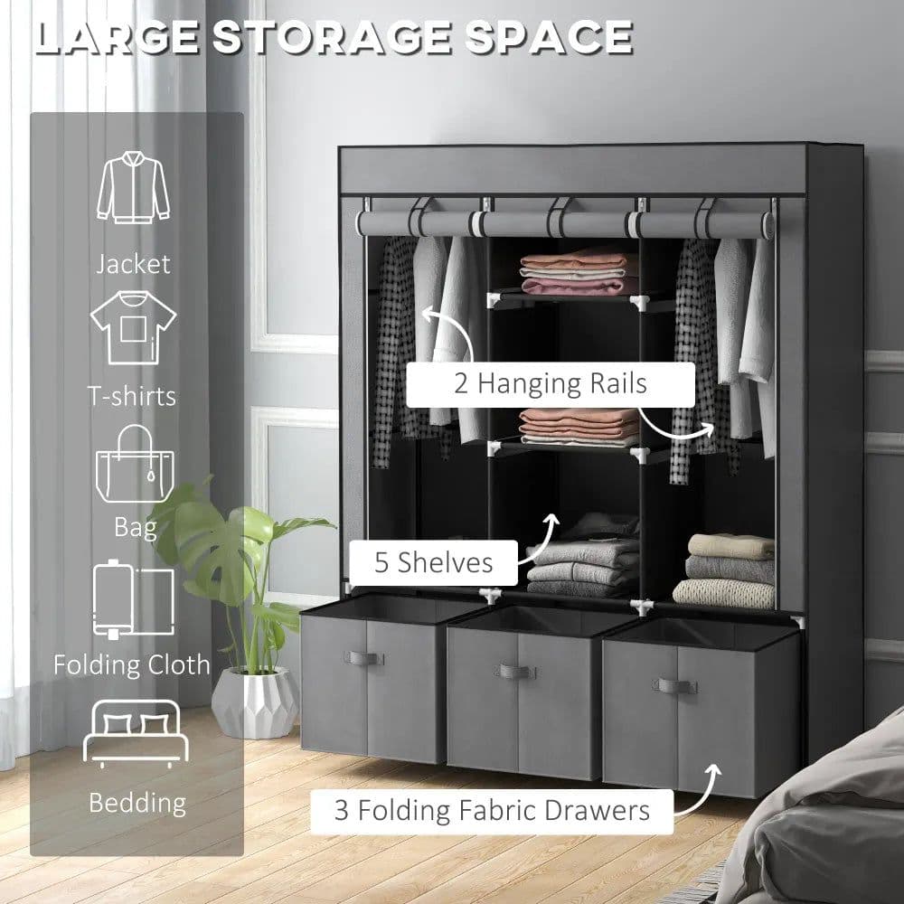 image-HOMCOM Portable Wardrobe w/ 5 Shelves 3 Fabric Drawers and 2 Hanging Rails Grey