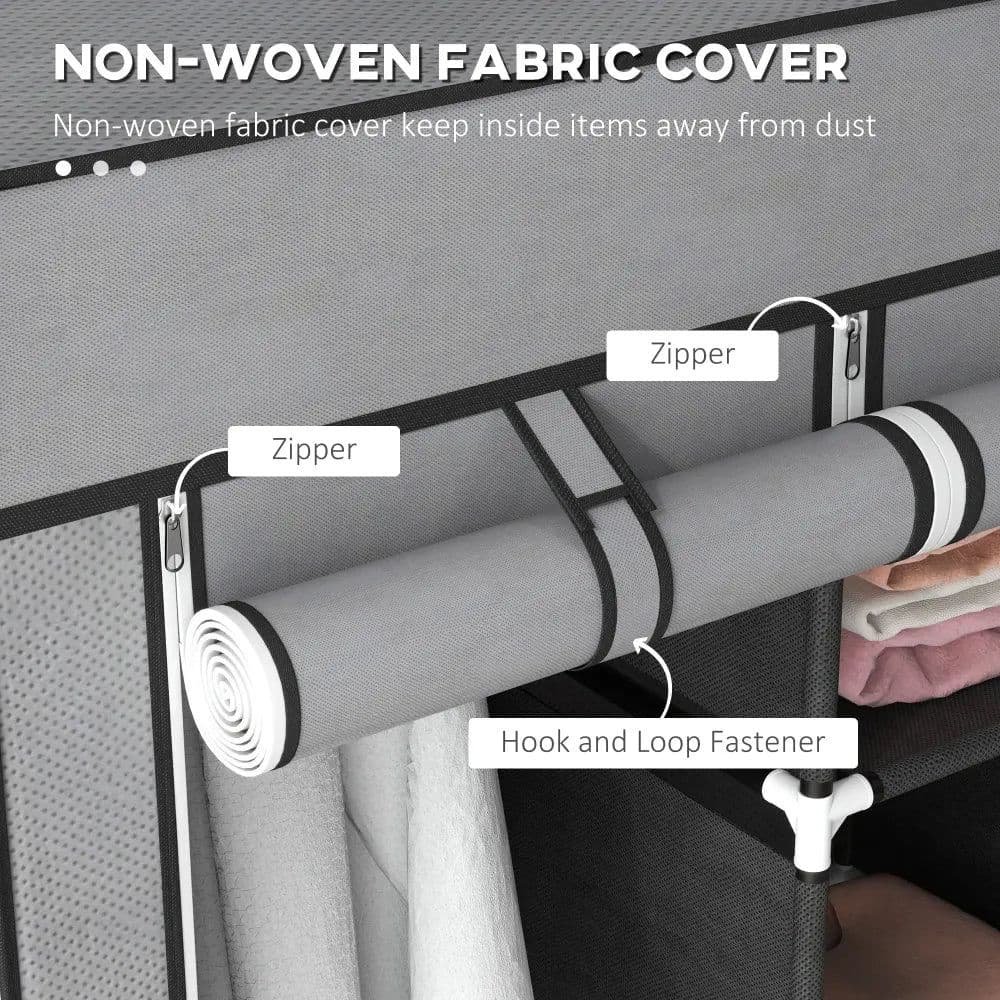 image-HOMCOM Portable Wardrobe w/ 5 Shelves 3 Fabric Drawers and 2 Hanging Rails Grey