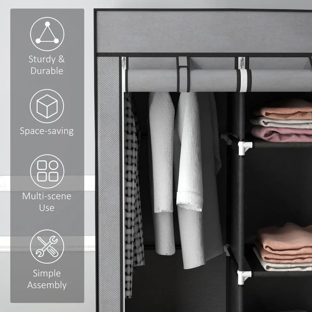 image-HOMCOM Portable Wardrobe w/ 5 Shelves 3 Fabric Drawers and 2 Hanging Rails Grey