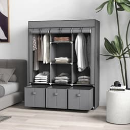 image-HOMCOM Portable Wardrobe w/ 5 Shelves 3 Fabric Drawers and 2 Hanging Rails Grey