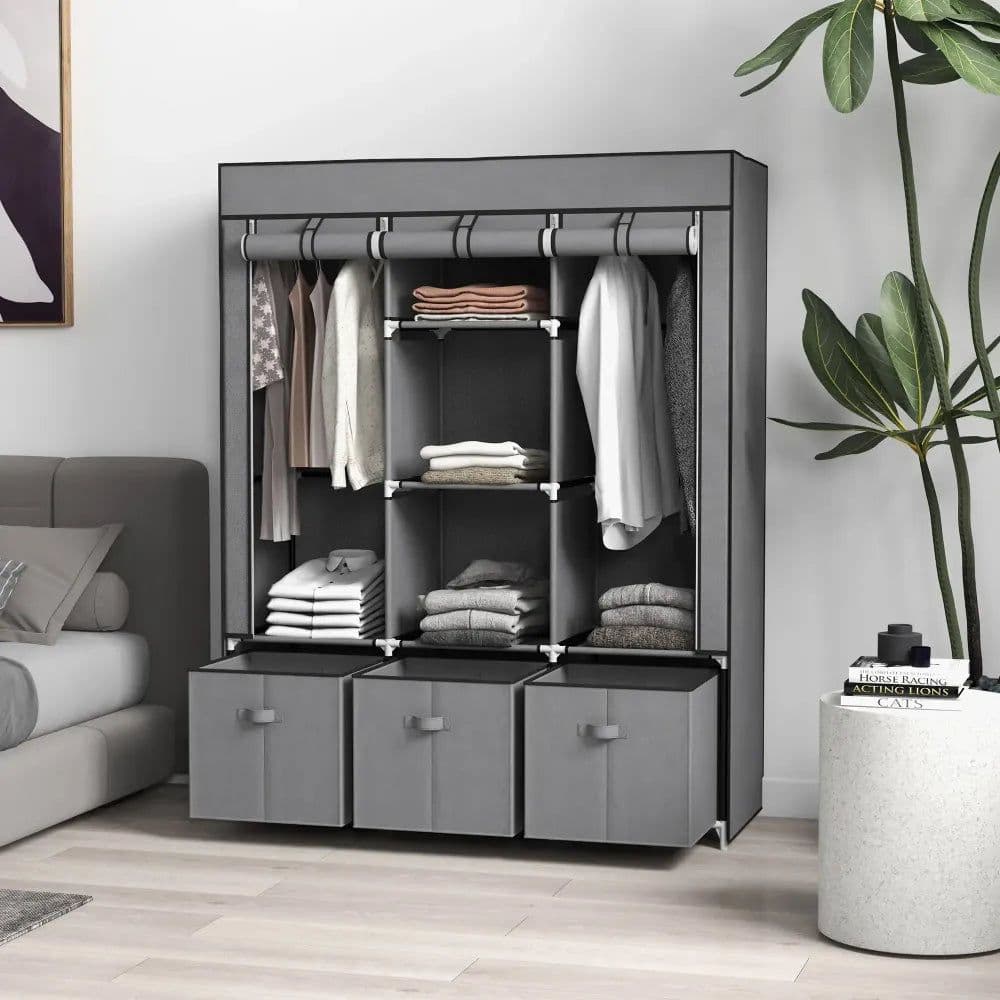image-HOMCOM Portable Wardrobe w/ 5 Shelves 3 Fabric Drawers and 2 Hanging Rails Grey
