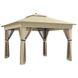 image-Outsunny 3x3(m) Pop Up Gazebo w/ Solar-Powered LED Lights Curtain Netting Khaki
