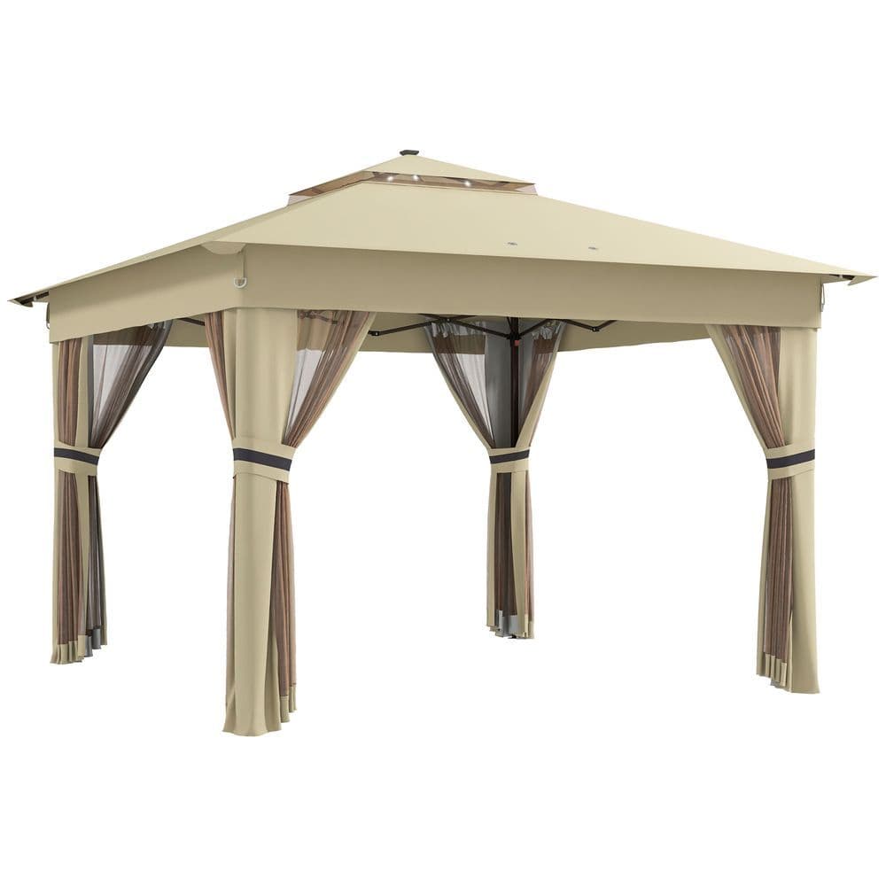 image-Outsunny 3x3(m) Pop Up Gazebo w/ Solar-Powered LED Lights Curtain Netting Khaki