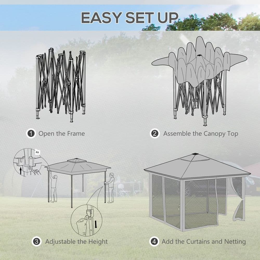 image-Outsunny 3x3(m) Pop Up Gazebo w/ Solar-Powered LED Lights Curtain Netting Khaki