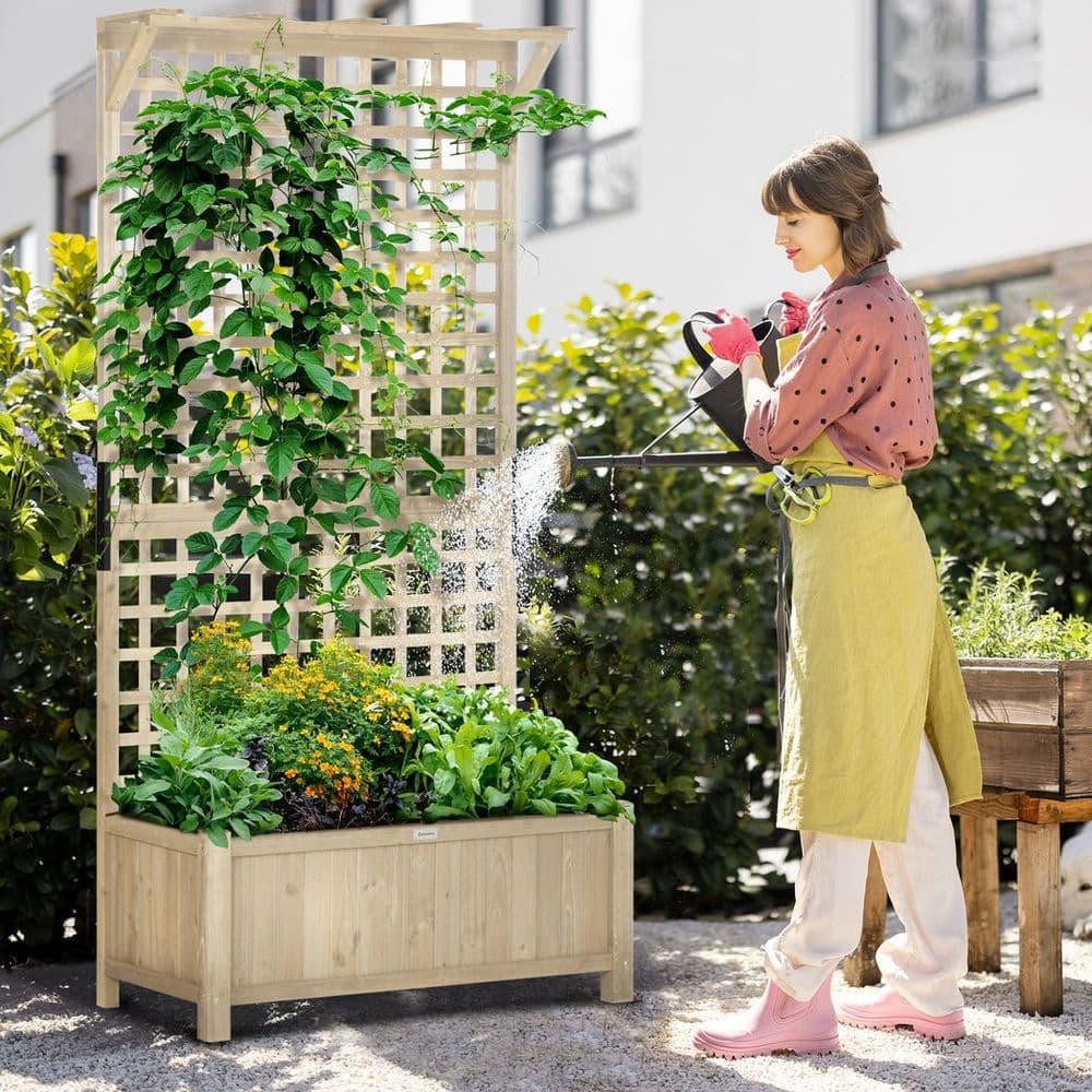 image-Outsunny Wood Planter with Trellis for Climbing Plants Vines Planter Box Natural