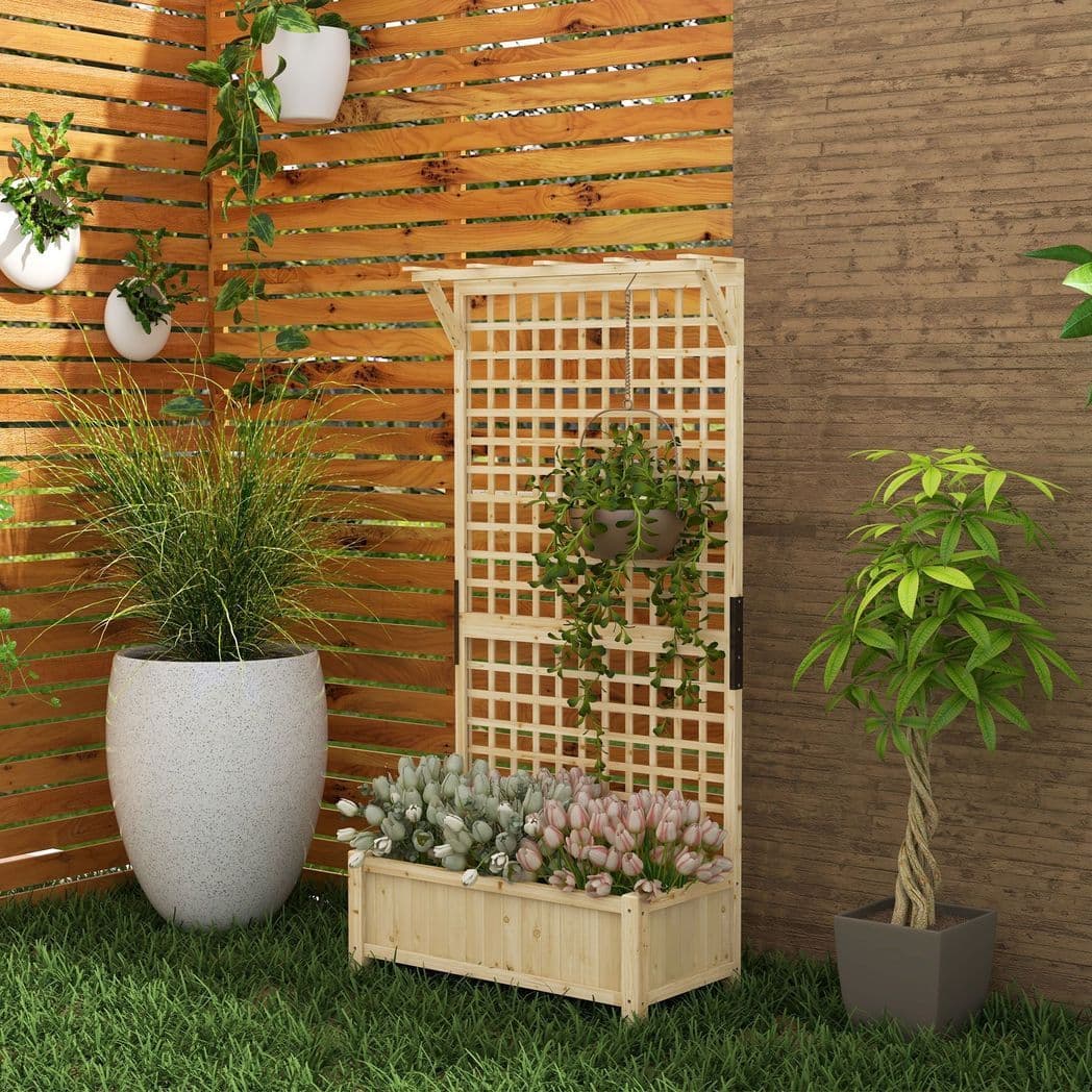 image-Outsunny Wood Planter with Trellis for Climbing Plants Vines Planter Box Natural