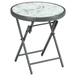 image-Outsunny Round Folding Side Table w/ Imitation Marble Glass Top, White
