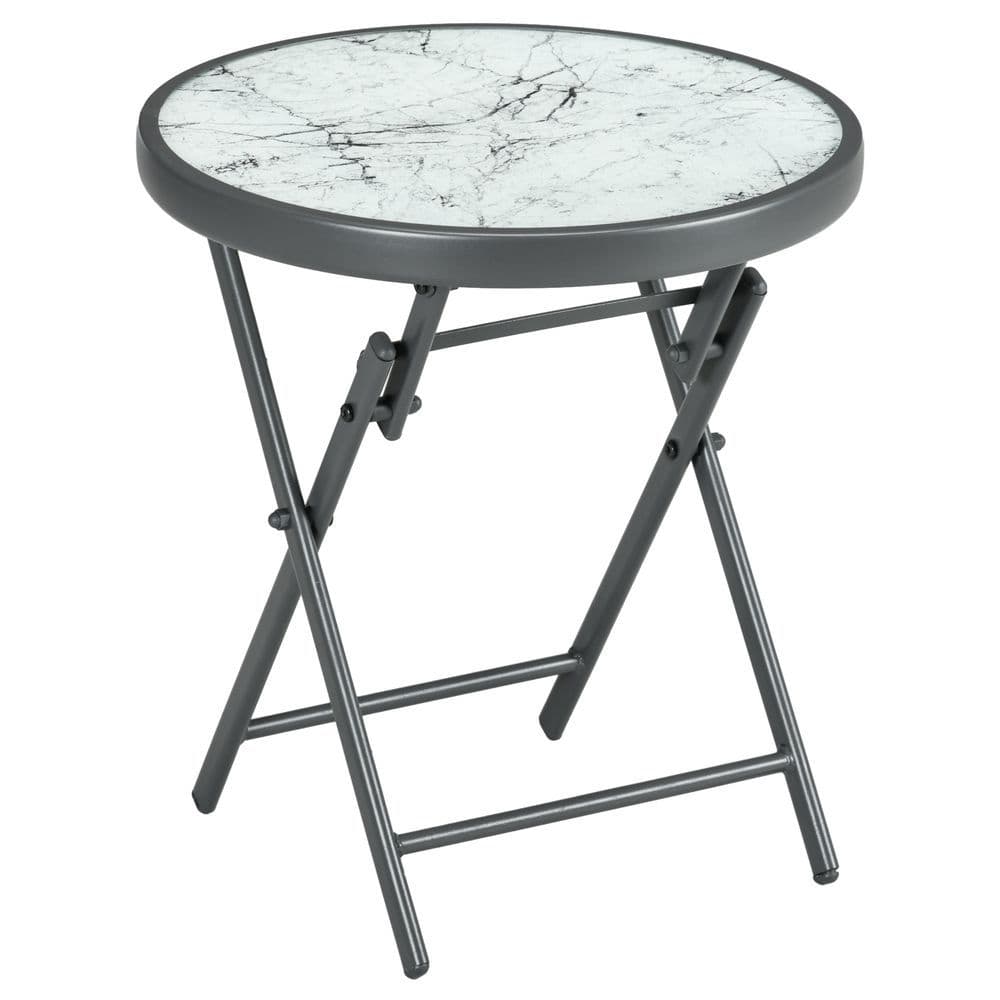 image-Outsunny Round Folding Side Table w/ Imitation Marble Glass Top, White