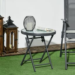 image-Outsunny Round Folding Side Table w/ Imitation Marble Glass Top, White
