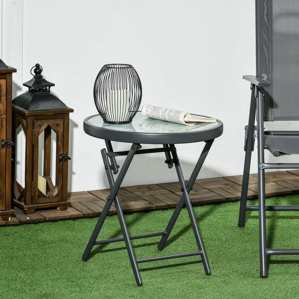 image-Outsunny Round Folding Side Table w/ Imitation Marble Glass Top, White