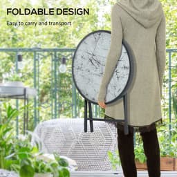 image-Outsunny Round Folding Side Table w/ Imitation Marble Glass Top, White